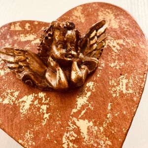 Cupid wooden heart shaped Balsa wood box with gold leafing. 5 x 5 x 2.5"